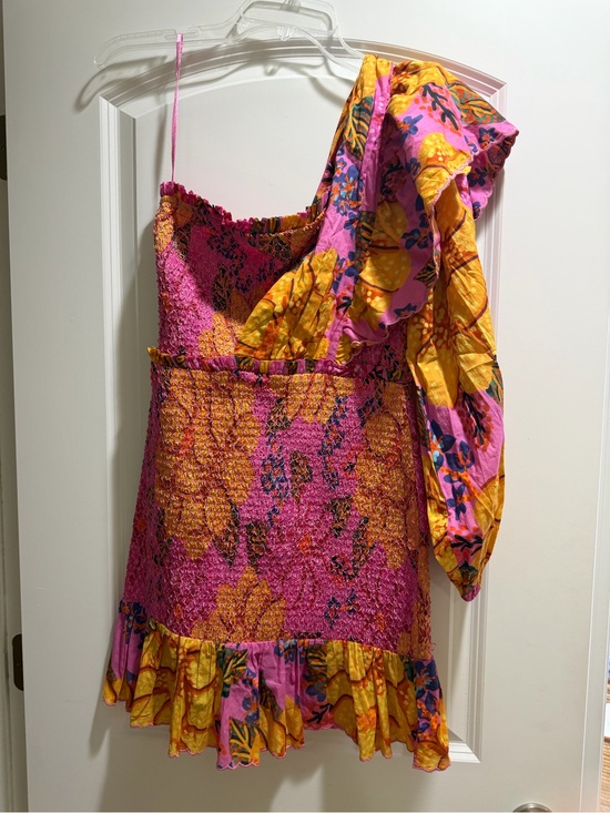FARM Rio Dresses & Skirts - FARM Rio Pink & Yellow Floral One-Shoulder Ruffle Midi Dress